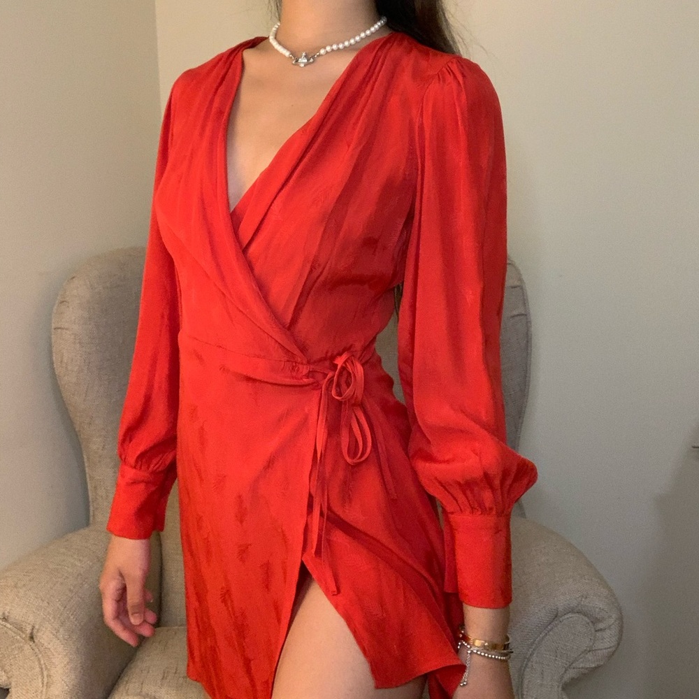 TOPSHOP satin red wrap dress